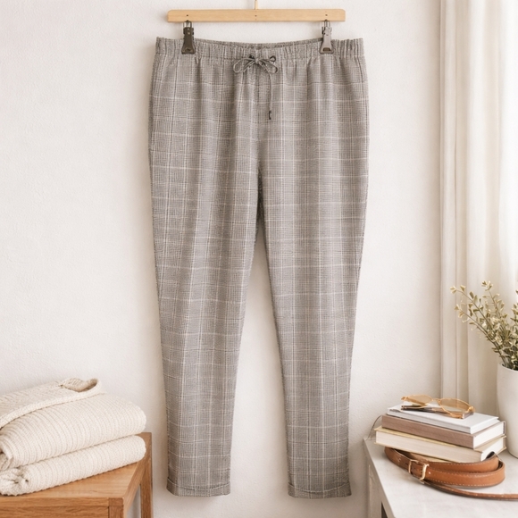 Zara Pants - ZARA Plaid Tapered Trousers Elastic Waist Drawstring Pants Neutral